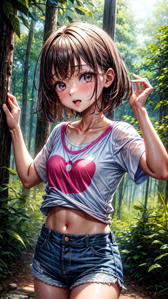 Woman Girl 10 years old , She is wearing a short-sleeved shirt, short shorts, small, growing chest, slightly sweaty, hands up, you can see her armpits, scenery in a forest on a hot day, short hair, not wearing a bra, still covered in sweat 