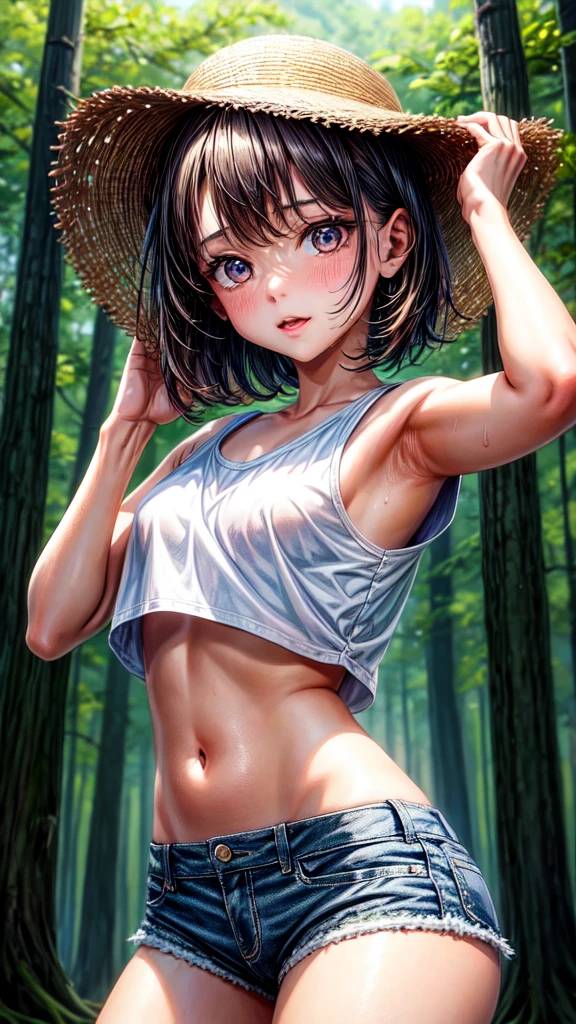 Woman Girl ************ , She is wearing a short-sleeved shirt, short shorts, small, growing chest, slightly sweaty, hands up, you can see her armpits, scenery in a forest on a hot day, short hair, not wearing a bra, still covered in sweat 