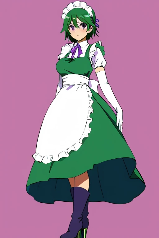 gloves, pantyhose, elbow gloves, breasts, maid, purple eyes, large breasts, high heels, boots, dress, green hair, shoes, ribbon, white gloves, simple background, standing, short hair, Mitico fleuretty \(character\), Mitico fleuretty