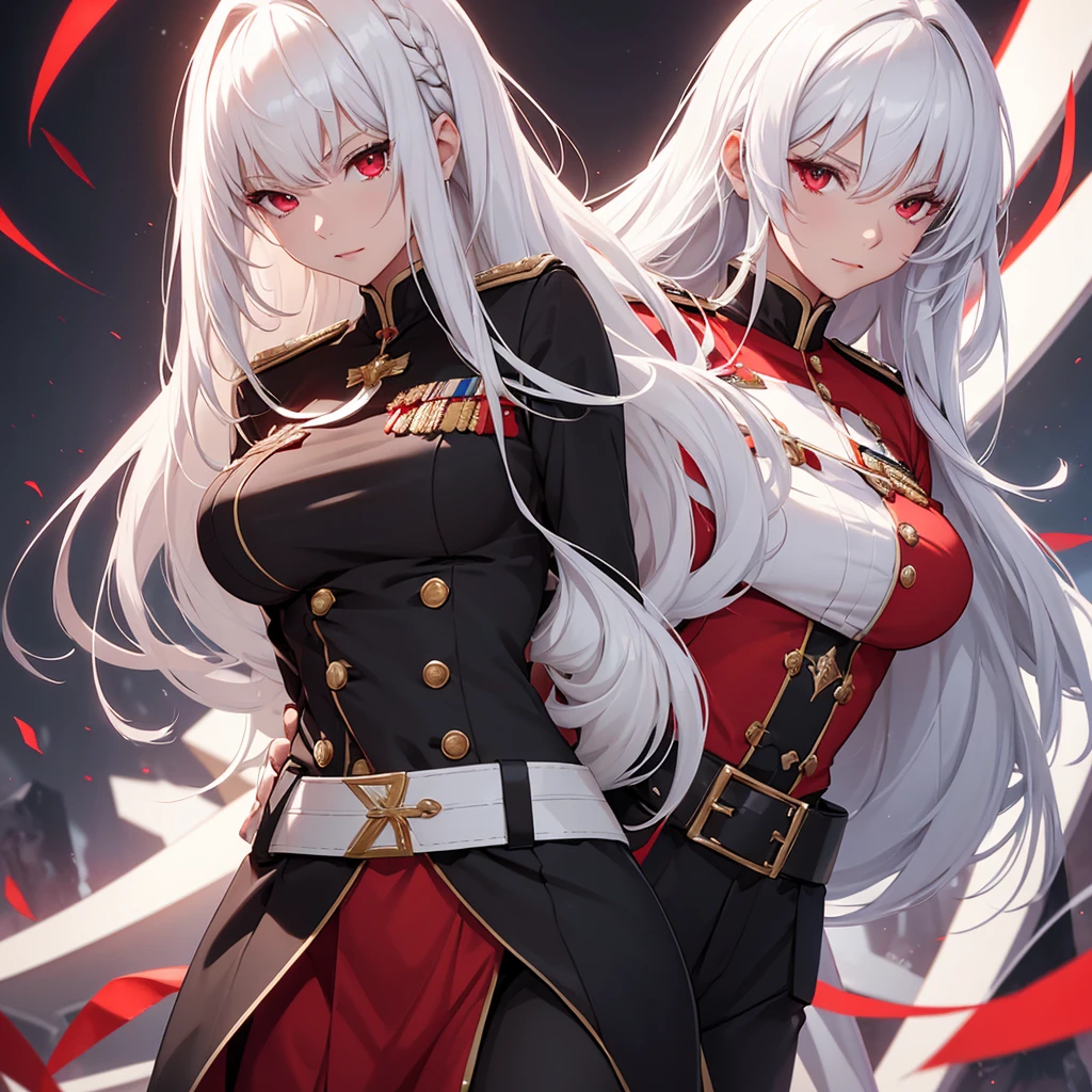 Beautiful Chiss lady, White hair, length hair,Breast size, black red uniform, rock, Lead the Belt, friendly look, good quality, light background, golden discreet rank insignia, V-neck, erotic, red ribbons in hair, 4K, red eye,