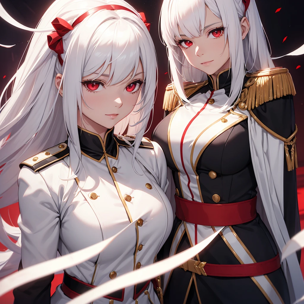 Beautiful Chiss lady, White hair, length hair,Breast size, black red uniform, rock, Lead the Belt, friendly look, good quality, light background, golden discreet rank insignia, V-neck, erotic, red ribbons in hair, 4K, red eye,