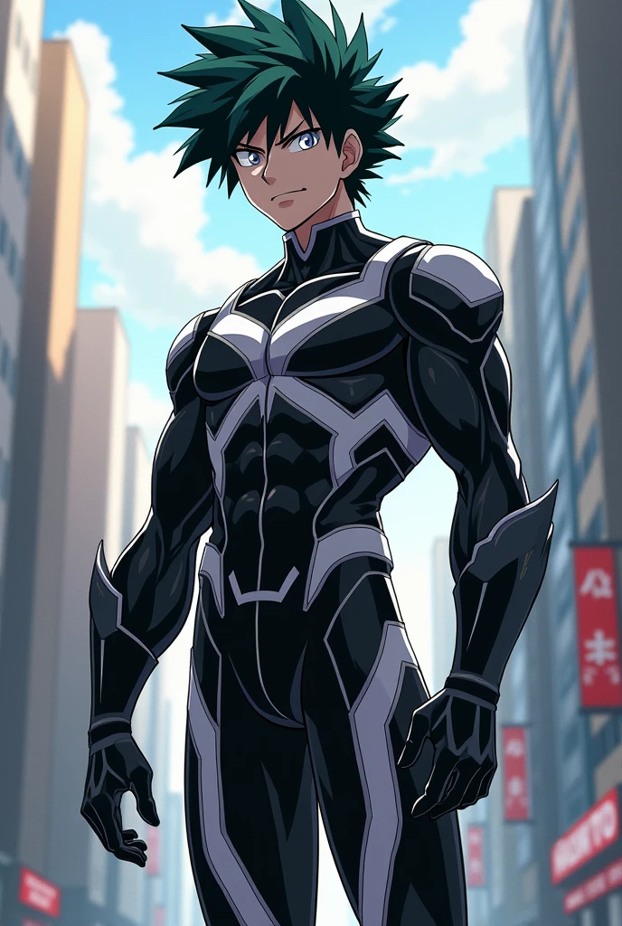 My Hero Academia character, half black and half white man, tall and thin, steel muscular time, gentle, Dark silver eyes, Confident personality, with cool black and white hero suit