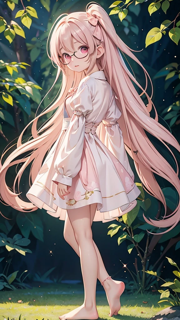 "Anime style young female character、Full body portrait。A tiny fairy, 15cm tall, with delicate, transparent wings on its back.。long-haired pale pink color,、with large pink eyes。Wearing round glasses。White flower hair ornament。Wearing a pale pink dress、Puff sleeve design and above knee length。Slim figure。Standing barefoot。The background is lush nature、wood々surrounded by leaves。The character is a little shy and tilts his body.、Face-to-face pose。Overall a soft and gentle atmosphere。A fantastic atmosphere with dancing light particles。high quality digital art。"