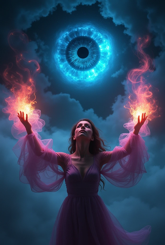 Make Lana Rhodes raise her hands while holding energy coming out of her hands and looking at the dark sky with a cosmic dark eye, around the eyes there is black smoke 