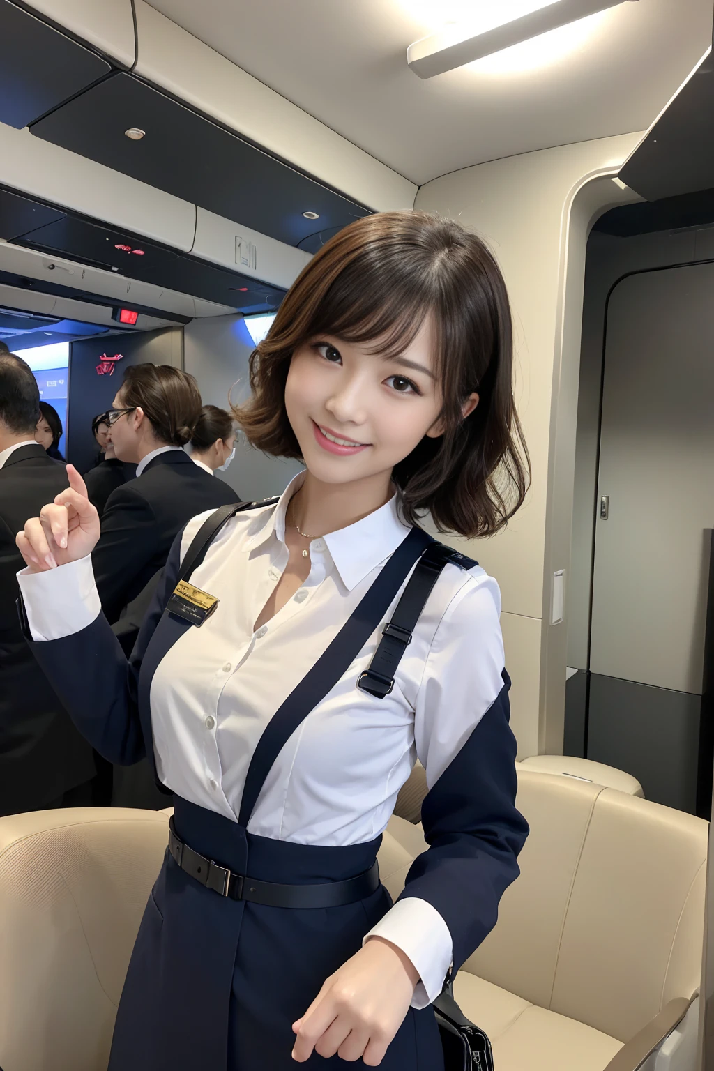 A beautiful American woman dressed as a flight attendant、Random pose scene。She has a charming smile、Keeping your gaze on us。The hairstyle and hair color are randomly set.、short hair、Long Hair、Long Wavy Hair、Bob Hair、Black Hair、Brown Hair、such as blonde、It should allow for a variety of styles,。The background should be set in an airplane cabin or an airport lounge,、with an air of aviation.。It's tight、and be designed to accentuate her silhouette,、with particular attention to texture and detail.。and ideally include details like the airline logo and name tag.。Focus on the woman's facial expression and pose、with her alluring smile and captivating eyes, should be depicted.。The overall atmosphere should be both professional and sexy,、maximizing her beauty.。