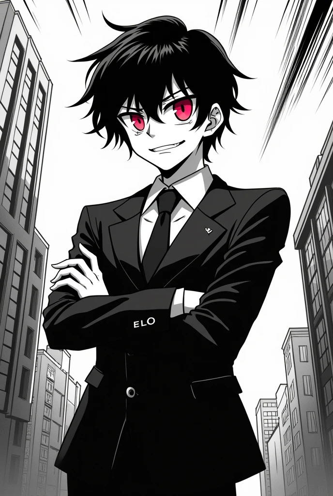 generates an image of a teenager with short black hair and scarlet pupils, a strong body dressed in a suit. All this in a black and white manga style animation, but Arms crossed, with a flirtatious face  