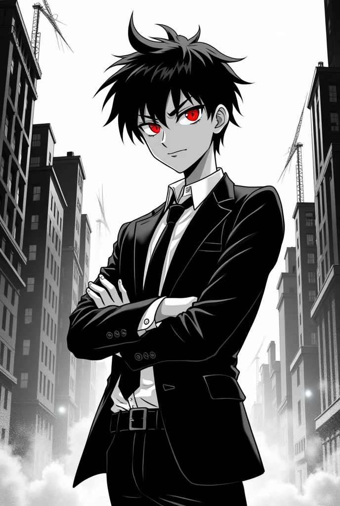 generates an image of a teenager with short black hair and scarlet pupils, a strong body dressed in a suit. All this in a black and white manga style animation, but Arms crossed, with a flirtatious face