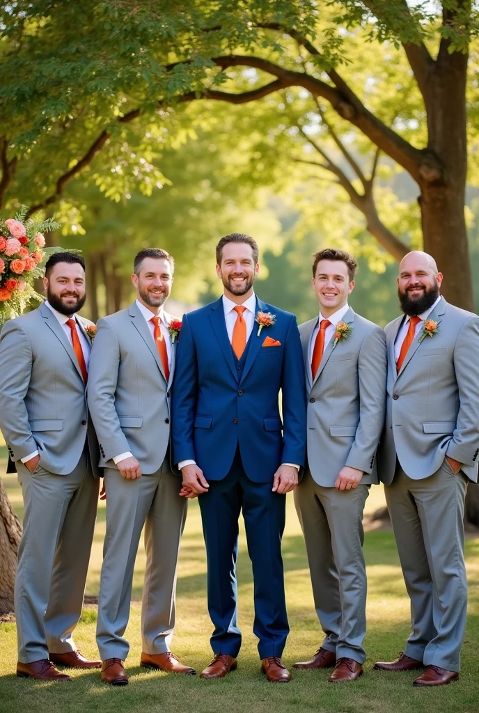 7 groomsmen in light gray chrome suits with terracotta colored ties and the groom in blue suit in the middle