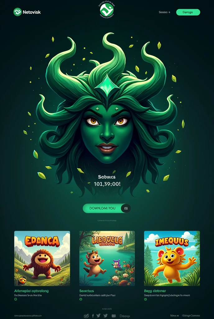 Design a simple and beautiful website for downloading games, featuring a minimalist and art style. The homepage starts with the Medusa logo at the top, paired with the brand name 'Netovisk,' both designed in a way that complements the Medusa theme with a playful and artistic touch. The color palette includes dark tones like black and emerald green, balanced with soft, subtle accents. Below the header, showcase a variety of games available for download. The art style is non-realistic, focusing on simple, clean, and minimalistic cartoon-like illustrations that create a visually appealing yet straightforward layout.