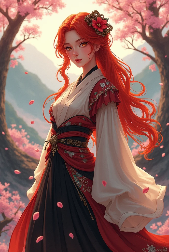 Changli a woman with red hair and golden eyes, belonging to the pc game wuthering waves using an outfit from the bleach anime