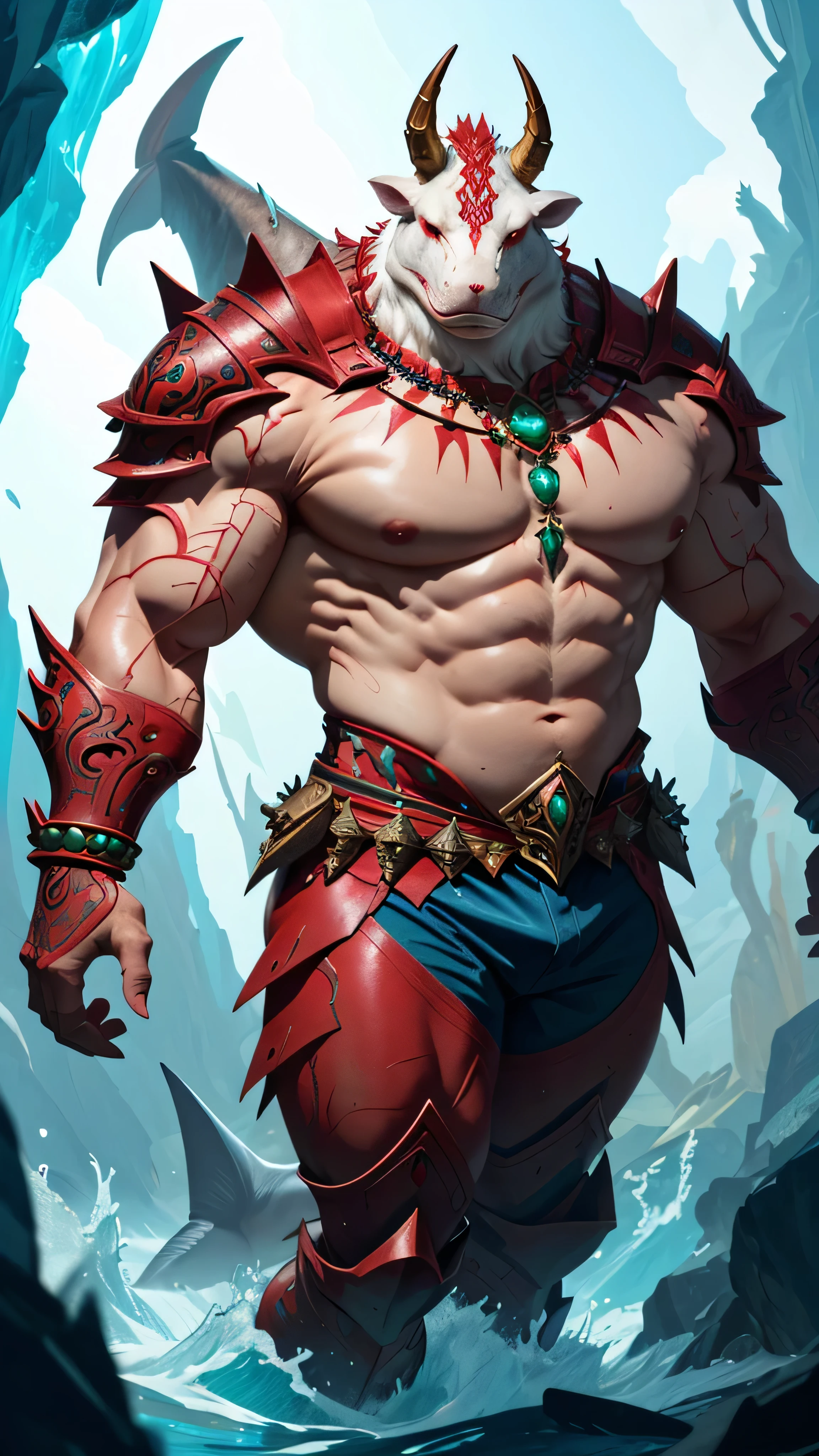 powerful, anthropomorphic, aquatic, shark-like alien humanoid, large imposing physique, muscular build, stern menacing expression, smooth bone-like skin, red gemstone embedded at the top, narrow glowing eyes, white pale skin, shoulders adorned with a thick, fur-like material, on right shoulder large ornate armour piece resembling a horned beast's skull, chest is marked with red, tribal-like symbols, necklace made of green stones or gems