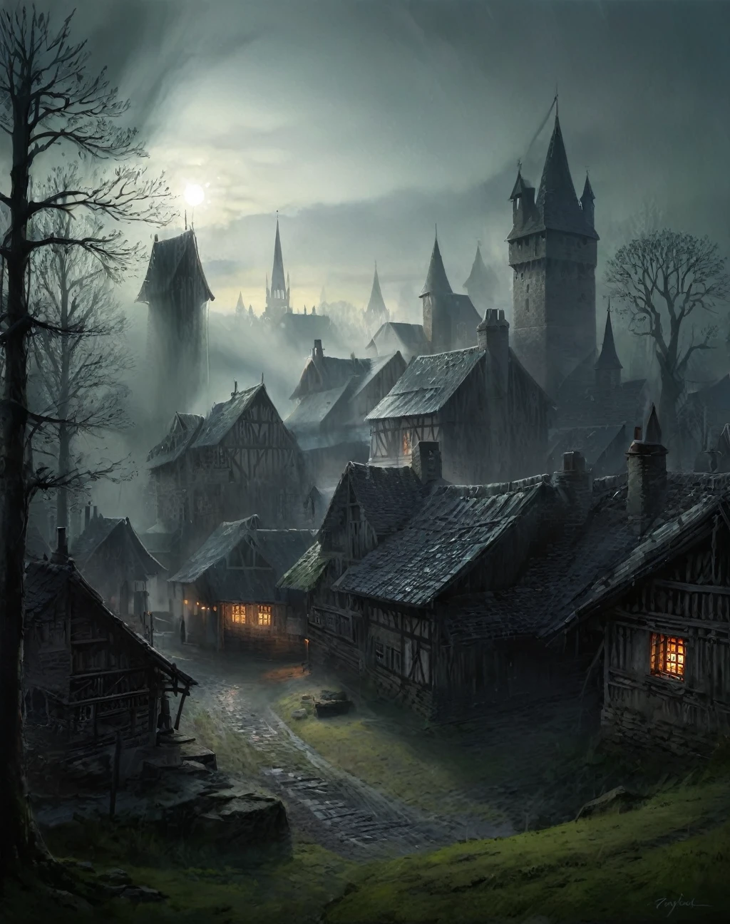 realistic dark oil painting of a medieval village at sunrise, mossy, mist, foggy, shadows, misterious, mithical, dark, rays of light shines trough the woods, ambient, depth of field, volumetric lighting, cinematic lighting, moody, heavy darkness, black sky, low angle perspective, by Eyvind Earle