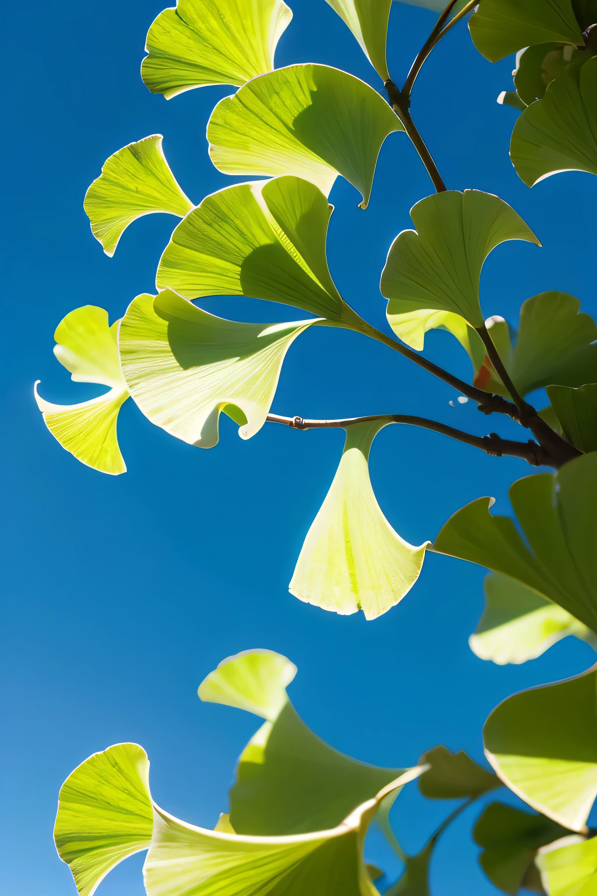 Green ginkgo leaves and red ginkgo leaves intertwined under the deep blue sky