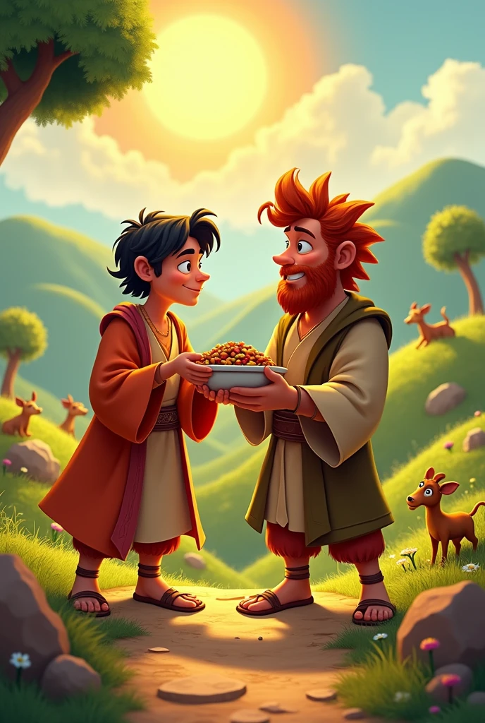 create an image of the biblical characters of the brothers jacob and esau in disney pixar format
