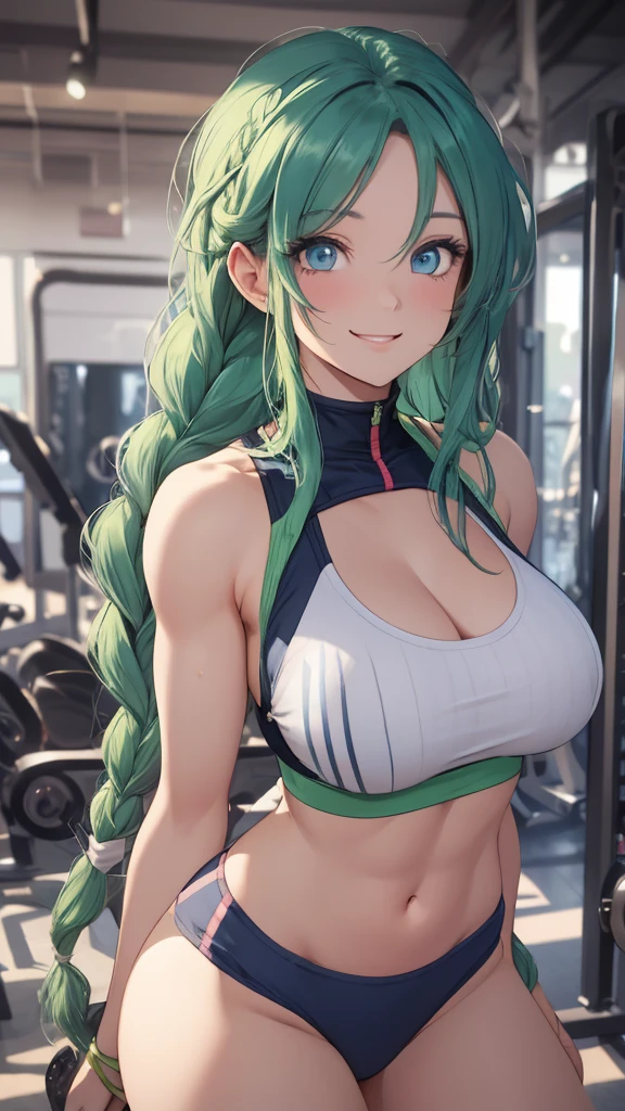A beautiful green hair woman with three braids and deep blue eyes, gazing condescendingly at the viewer with a cute grinning expression, extremely detailed and realistic, masterpiece quality, ultra-detailed, HDR, studio lighting, vivid colors, physically-based rendering, thick muscular thighs,Cute gym clothes, large breast