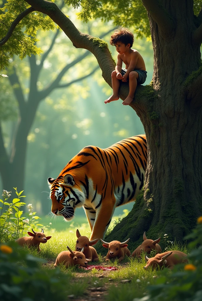 A boy sitting in a tree looking afraidly to the tiger thet is eating 5 cow's
