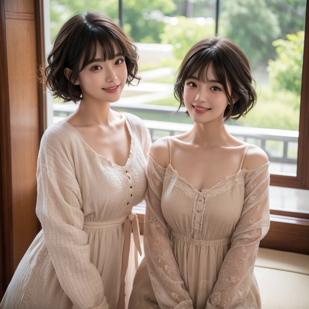 (Highest quality, masterpiece), One person, Intricate details, beautiful細部までこだわった顔, Random clothes, View your viewers, Kyoto, blush, Open your mouth, Black Hair, short hair, Blunt bangs, Happy, Are standing, Cowboy Shot,solo, High resolution, smile, chest,Curly Hair, beautiful,cute,Dimples,