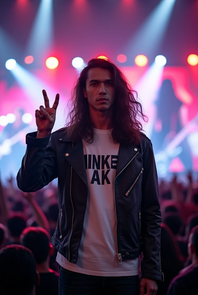 picture of a 20 year old Indonesian man, long hair, standing in front of the stage, handsome face, hand sign of love, wearing a white t-shirt with the words "MINGKAK" & rock jacket, looking ahead, face focus, background of crowd watching music concert, metal band featured on big screen, the light behind the man, appear on stage, le