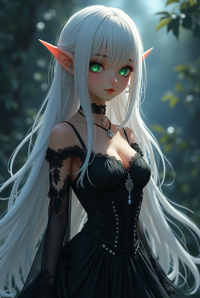 A tall adult anime girl with brown skin, green eyes, white hair, and elf ears, wearing a black gothic dress.