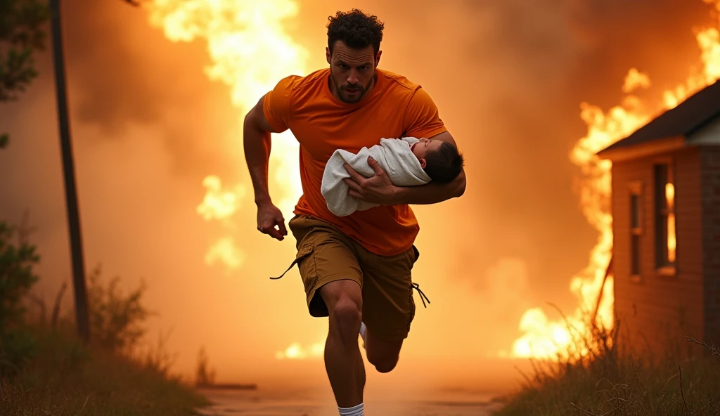 LoadingMuscular man wearing a shirt with long shorts Long loose shorts With pockets on the sides with converse sneakers Orange T-shirt and brown shorts Long short, long short, long Carrying a baby Em wrapped in a blanket as he runs in a house on fire like a hero