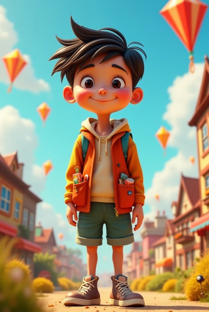 centered standing, Pixar style, 3d style, disney style, 8k, Beautiful, In the busy world of childhood where the winds of imagination roam free, lives a young boy, detailed face, whose thin figure mirrors that of young Mr. Potter. Delving deep into the realms of thought, his reserved nature often leads him to silently contemplate the mysteries of the world. And in its quest for exploration, its reliable pockets serve as a never-ending haven for not only its erudite utensils, but also its midday, 3D-style sustenance rendered in 8k using Disney's beautiful animation
