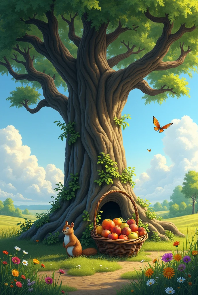The tree is very big and large with some roots above ground., The squirrel is sitting under the tree., there is a butterfly flying, some flowers around, green meadows, blue sky, there is a basket of fruit under the tree, photo logo