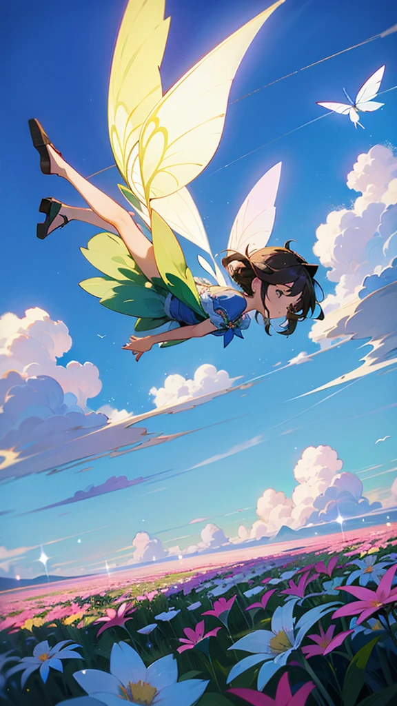 A beautiful fairy flying around flowers in the sky full of clouds 