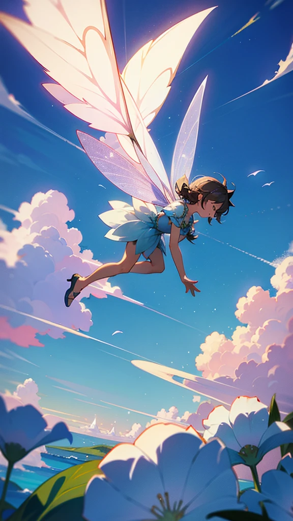 A beautiful fairy flying around flowers in the sky full of clouds