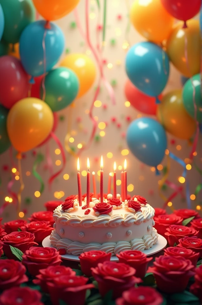 Birthday party wishes with name Zeeshan arrenge beautiful 3dred rose ,3d balloon,3d cake