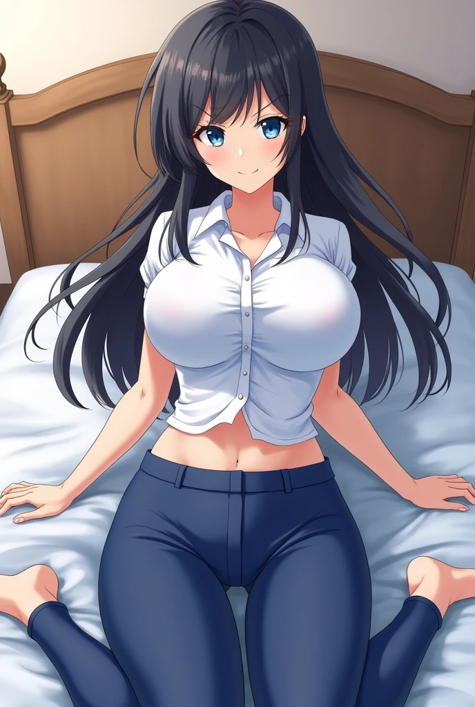 Anime Japanese woman Black hair Long hair Blue eyes White skin-tight shirt Blue slacks tight enough to make out the shape of her genitals Nipples and genitals exposed through unbuttoned clothing On a bed Big breasts Big butt High school uniform Spreading her legs for the viewer