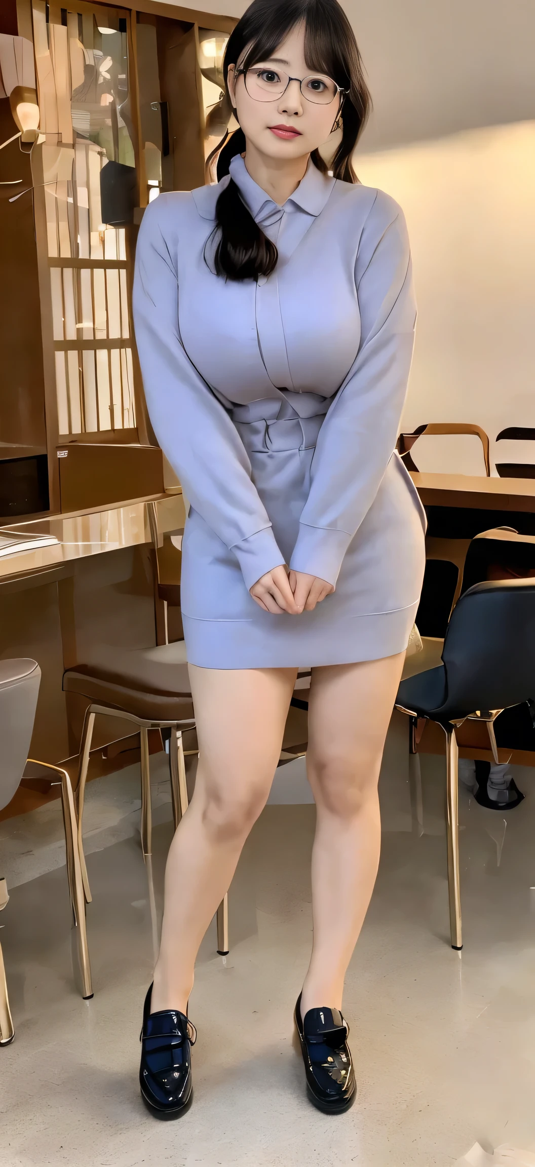 Japanese ID, Mature Woman, ((Around 40 years old, slightly chubby, round face)), Glasses, Black hair without bangs, Long Hair:1.65, Big twin ponytail:1.79, Flashy makeup, Fuller lips, Sexy Gaze, cute, ((dressing)), looking at the camera, Low angle shooting, cuteアヒル口,((Very accurate and correct anatomy)), (masterpiece:1.3), Perfect Proportions, Realistic photos, Full Shot, whole body, ((height: 146cm)), High heels, loafers, (2 Foot, Two Arms), ((Panty shot))