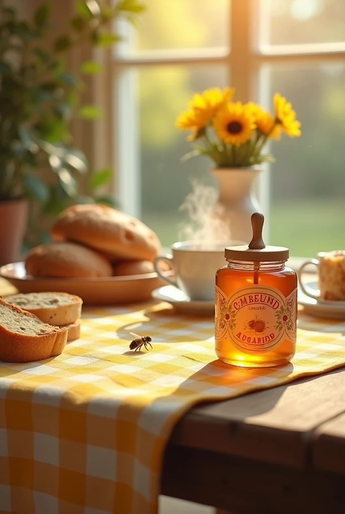 honey jar , On the cover there is a yellow and white checkered cloth on a table at a family breakfast