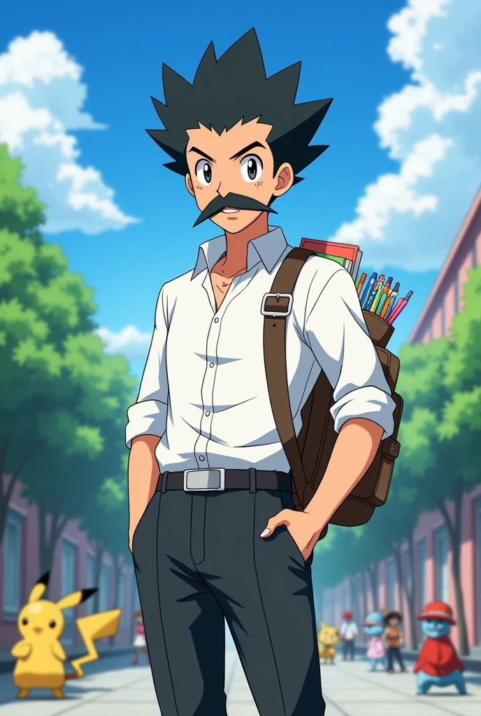 Anime pokemon style, too Short black spiny haired, slim teacher with full beard and mustache, right hand holding a pokeball. Left hand holding books, wearing a white shirt and a bag on the right leg with some school supplies. School