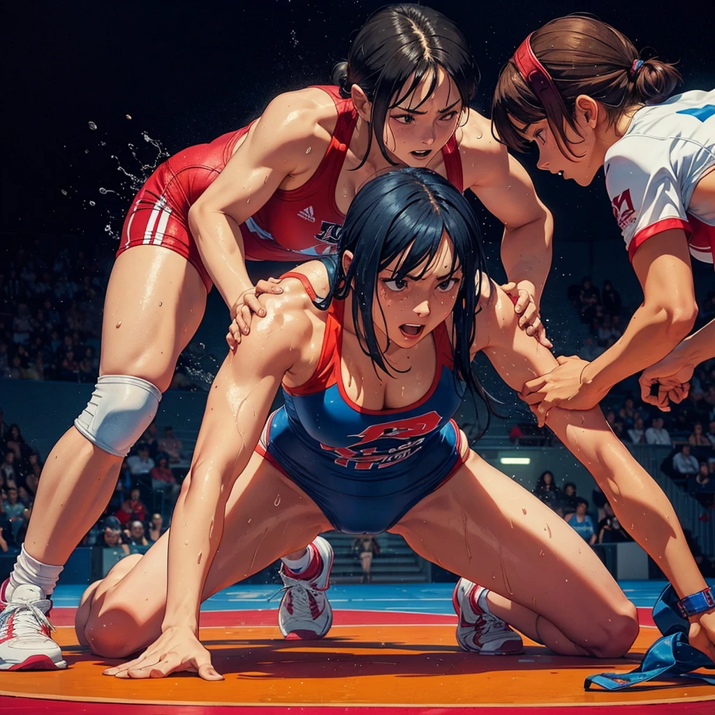 Womens freestyle wrestling, one piece swimsuits, wet sweaty bodies, European faces