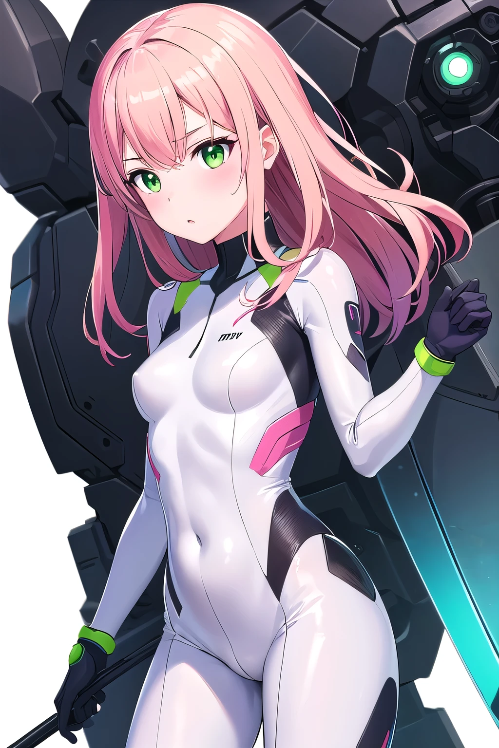 1girl,Samus aran,solo,green eyes, pink hair, forehead   hair, white zero suit,white body suit,purple stripes,cowboy shot,blush,,Science fiction,ultra-detailed,sharp focus,aesthetic,(best quality), white background, torn clothes