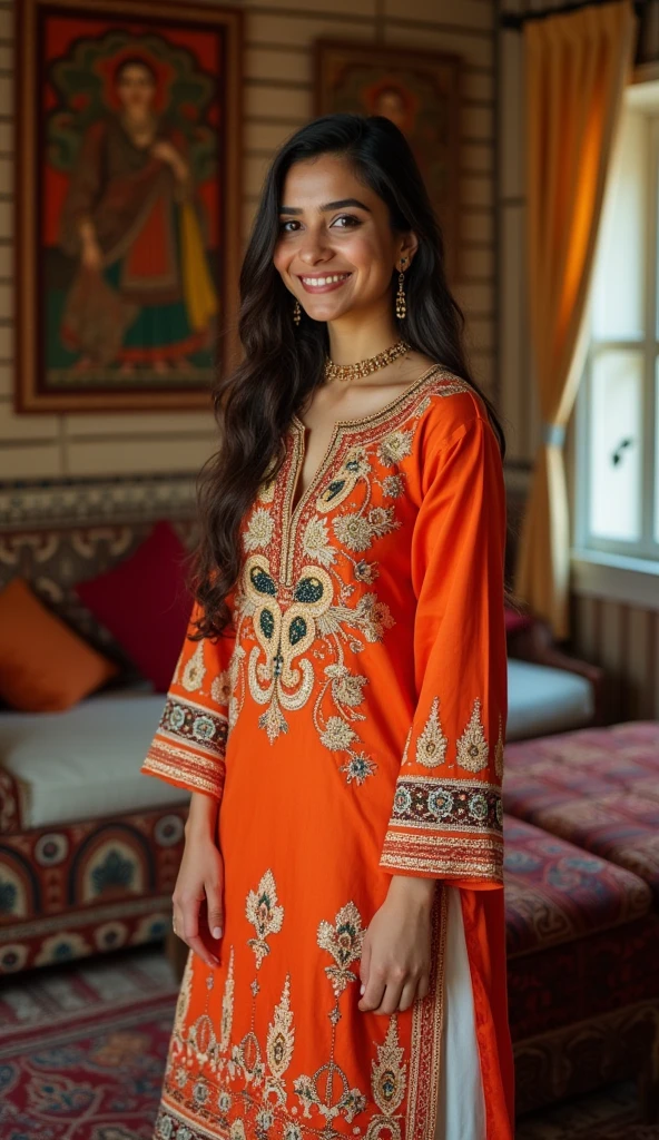 Beautiful Pakistani woman 20 Year old in shalwar qameez on room, full body