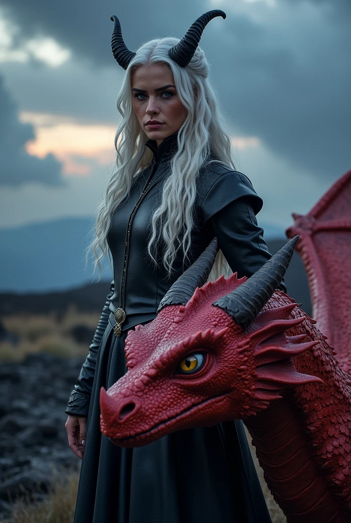 Targueryen 26 yo girl, with demon horns, blue eyes and a red dragon at her side
