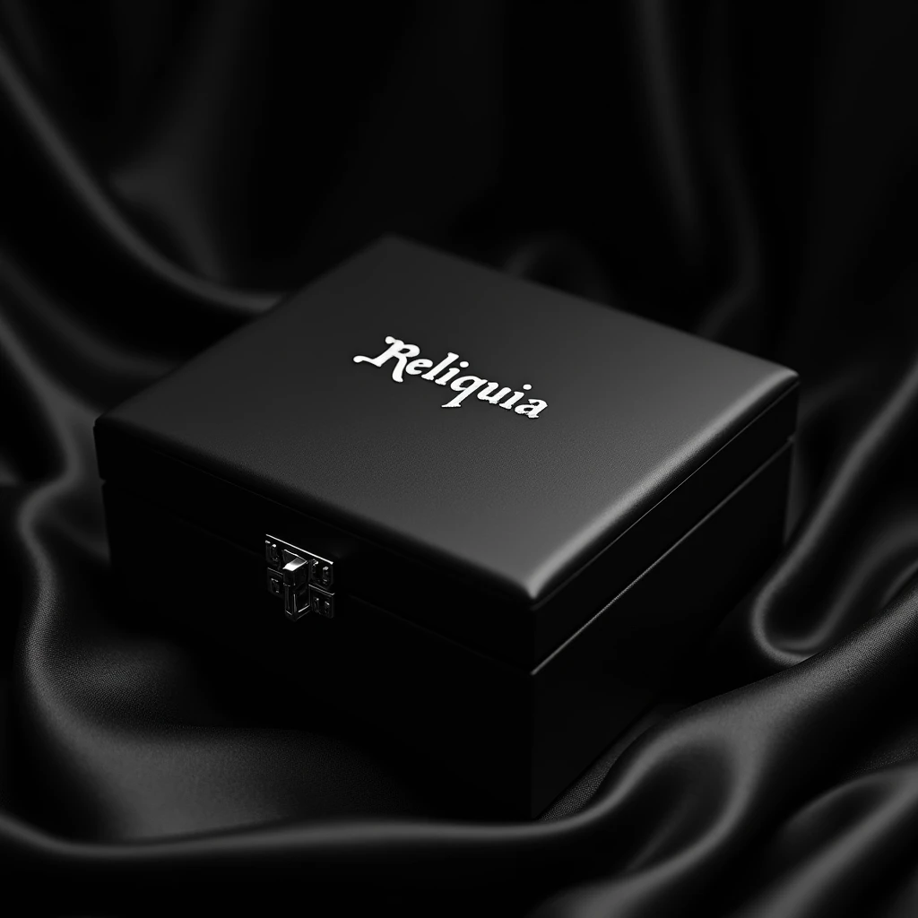 (masterpiece:1.3), (8K、photorealistic, Raw photo, best quality:1.4), Generate a luxurious and elegant black jewelry box designed for the brand 'Reliquia' with the box closed. The design should be sleek and minimalist with a smooth matte black or satin finish. The box should be sturdy and refined, with subtle metallic accents like a gold or silver clasp to enhance its exclusivity. The brand's logo 'Reliquia' should be prominently displayed on the top of the closed box in an elegant gothic style, either embossed or printed in a contrasting metallic color like gold or silver. The scene should be set against an elegant background featuring rich fabrics like silk or velvet, with luxurious textures that add depth and class to the composition. The overall vibe should be classy, timeless, and perfectly suited for showcasing high-end jewelry.