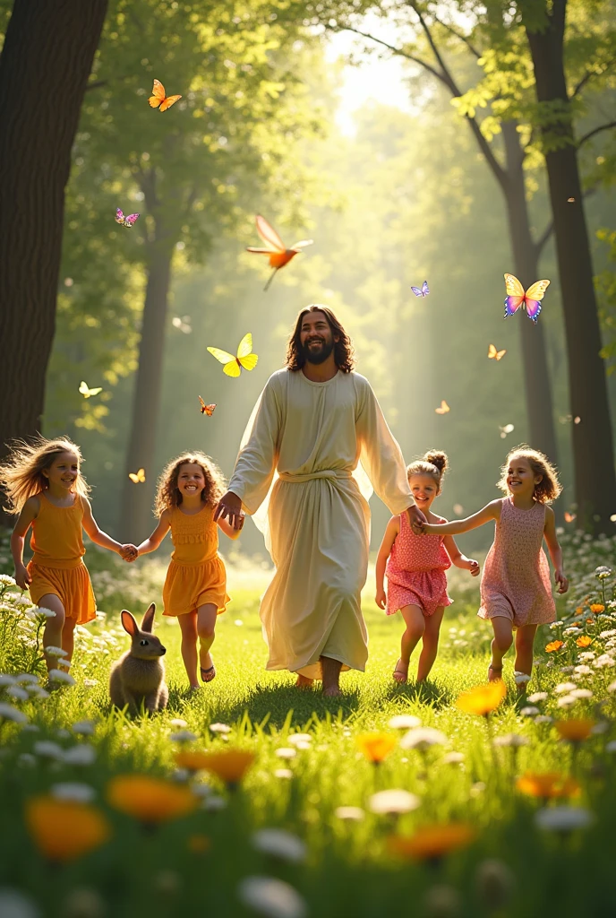 Jesus surrounded by many happy children in a grassy garden with flowers, Trees, birds, butterflys, and other docile animals.