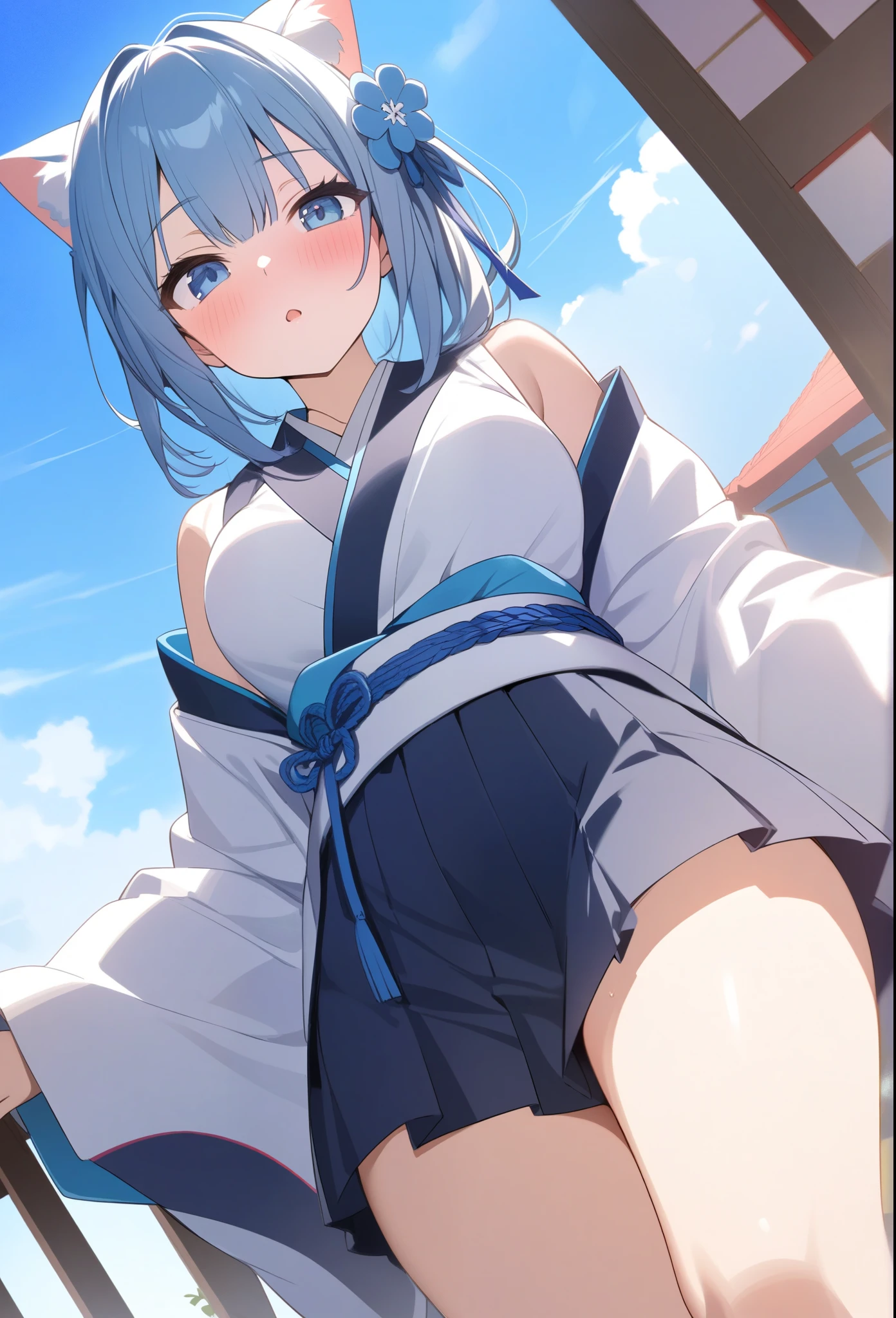 solo, One person, High resolution, chest, Blushing, Cat ear、Sky blue semi-long、Blue ribbons on both sides of the head、Japanese clothing、mini skirt、Beautiful background、Low-angle composition、