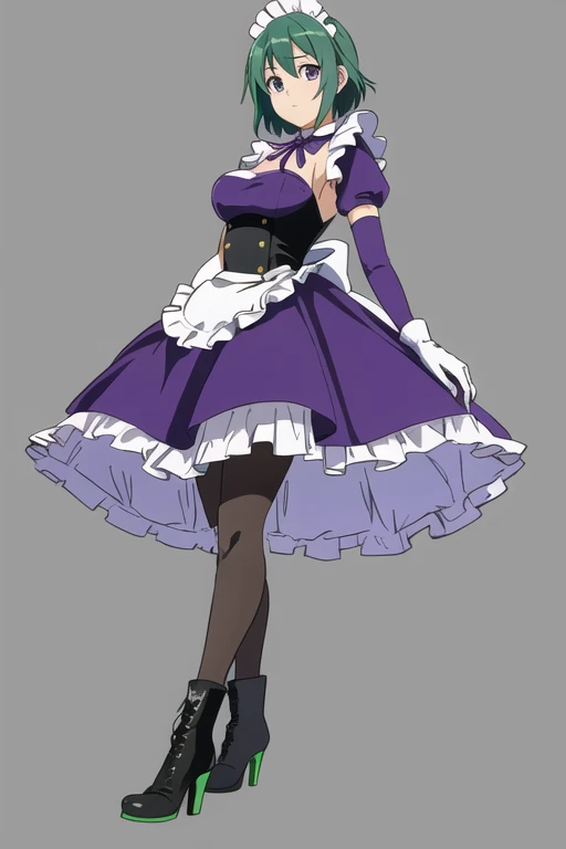 gloves, pantyhose, elbow gloves, breasts, maid, purple eyes, large breasts, high heels, boots, dress, green hair, shoes, ribbon, white gloves, simple background, standing, short hair, Mitico fleuretty \(character\), Mitico fleuretty
