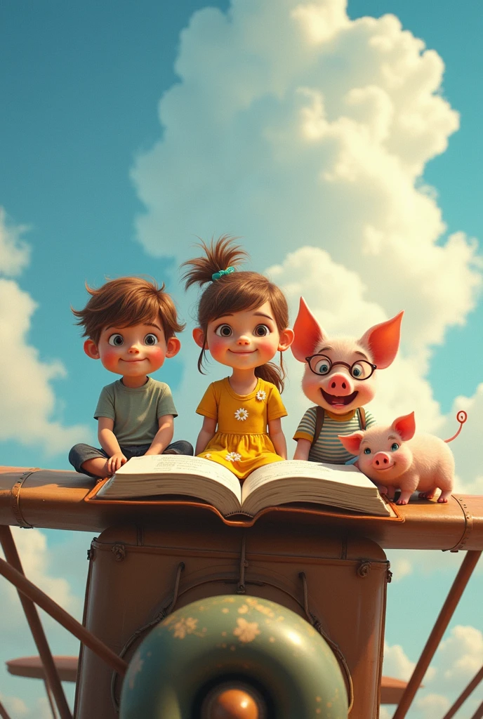 Three children and a little pig sat on the roof of the plane reading a story