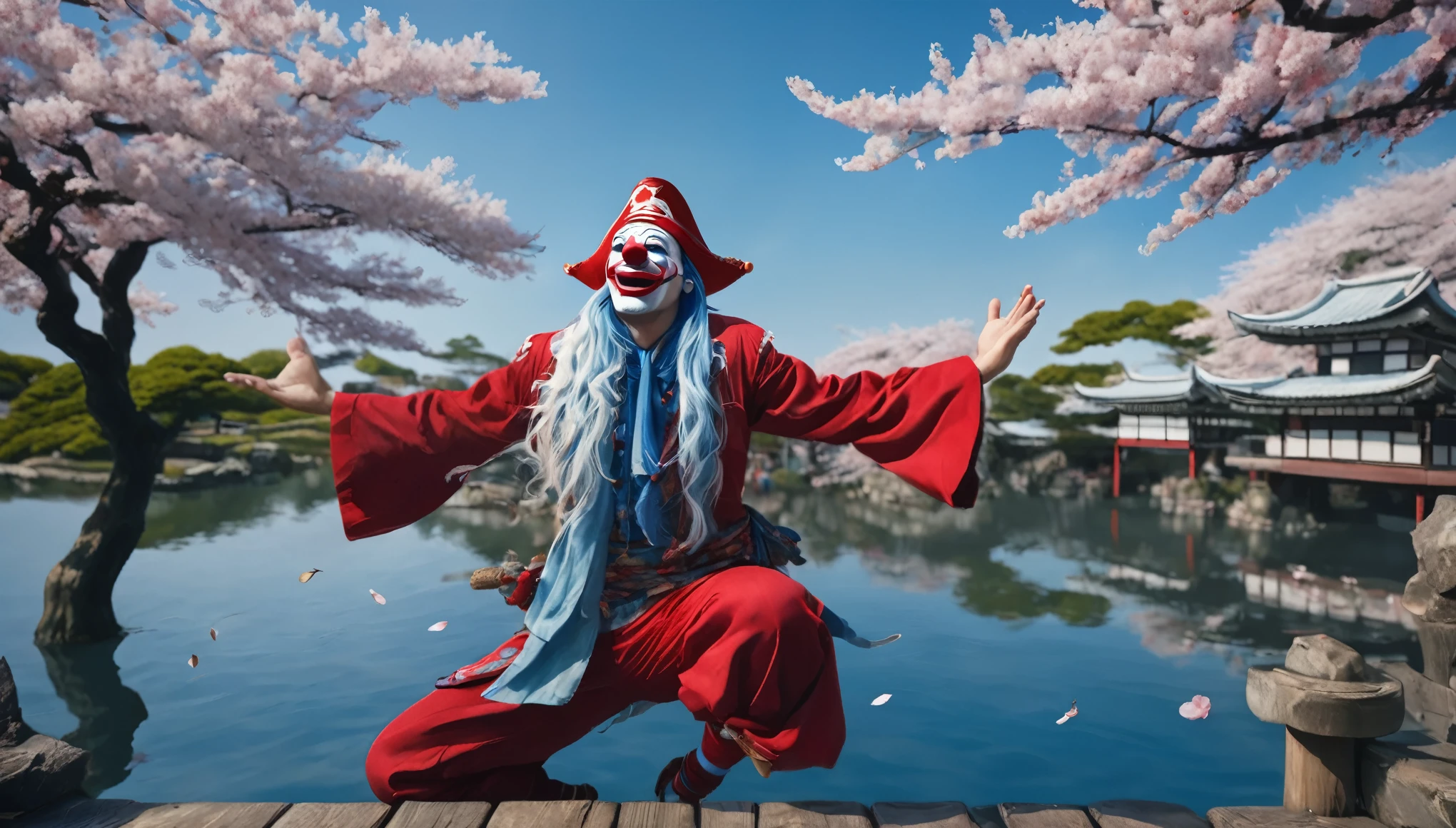 masterpiece, best quality, extremely detailed, hyperrealistic, photorealistic, a cool 40s man, ultra detailed face, clown makeup, red pirate hat, white skin, red nose, blue long hair, japanese style garden:1.2, cherry blossoms, raising hands, dynamic posing, from above