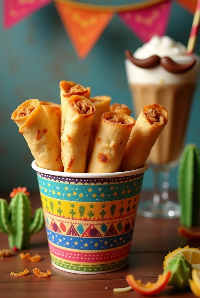 Make me a picture of golden chicken tacos or Mexican chicken flautas in a paper cup , and the glass has a mustache