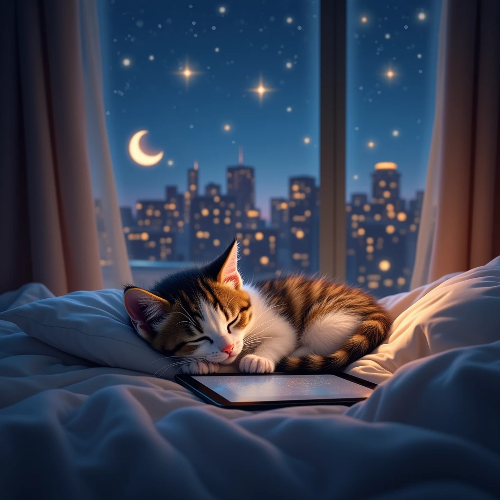 Kitty, sleeping on a bed in the city, enjoying the tranquility of music from the iPad, the beautiful night sky view by the window.