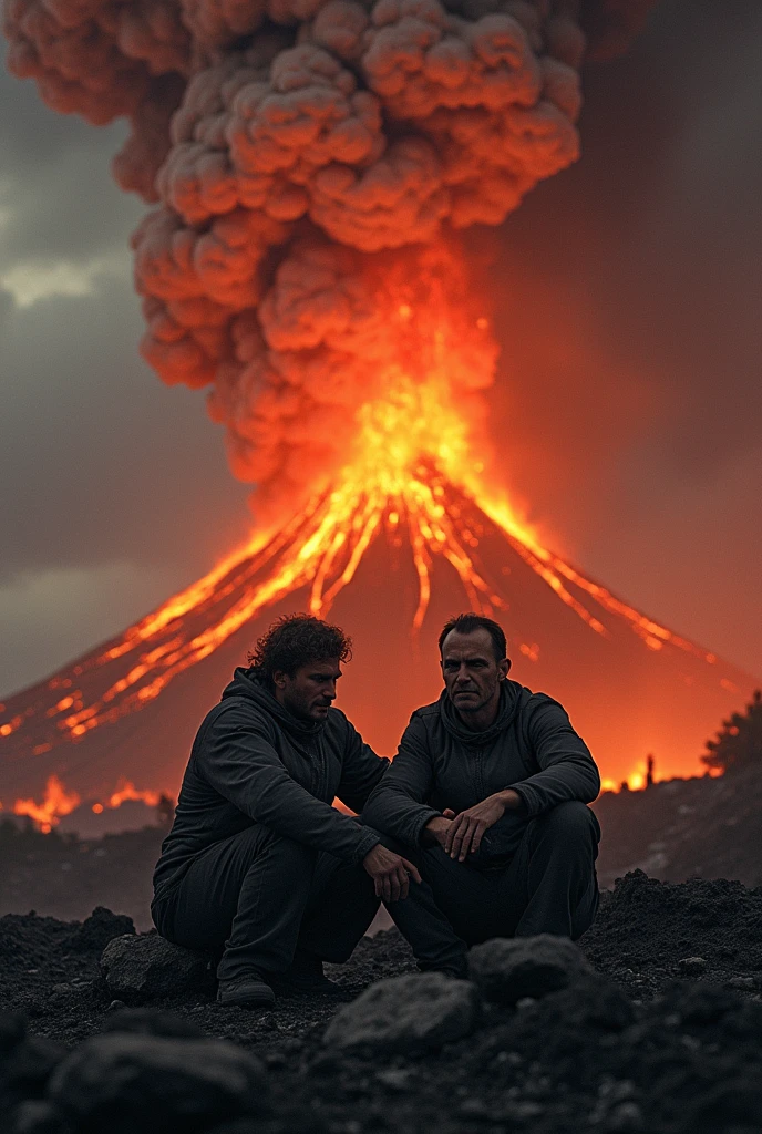 Volcanic eruption in the background、Sufferers々Picture