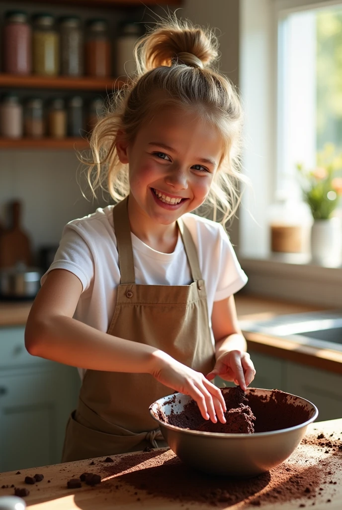 Caucasian blonde age girl, making brownies