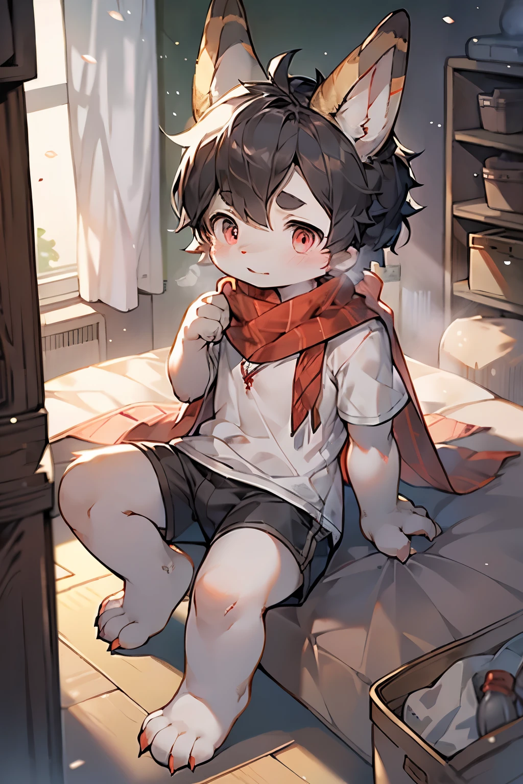 Dwarf Rabbit Boy,Bunny ears,Furry boys,Infant and child characteristics,White skin,Gray Arm,Little Feet,Red pupil,scarf,Short sleeve,shorts,School,Straight A student