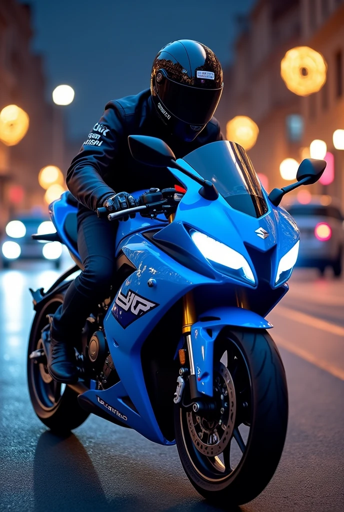 Suzuki gixxer motorcycle in blue with Lyk logo and the name L_Carrillo in jacket