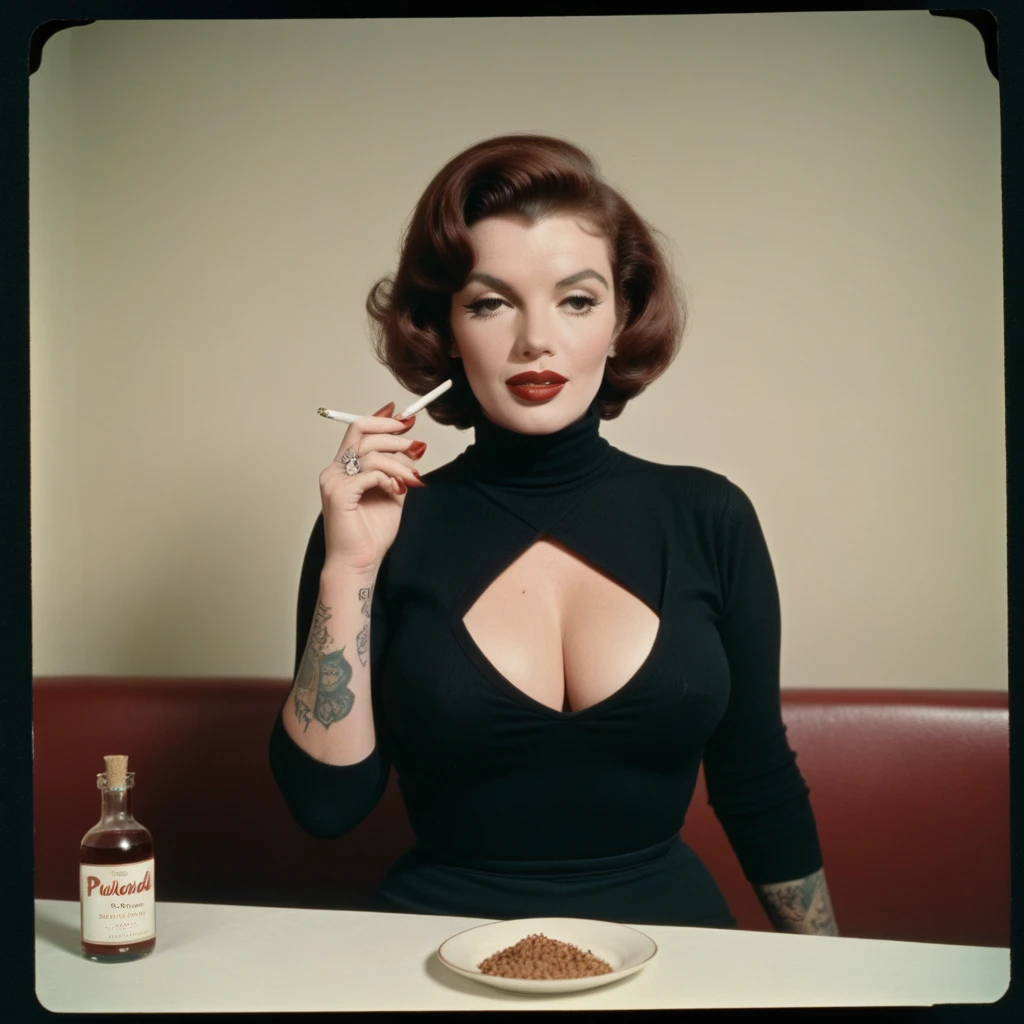 AnalogRedmAF, Polaroid (expired), Marlyn Monroe (Busty, Fake large Breasts, Thick, Hourglass, short dark red hair), Wearing (Black Turtleneck with rolled up sleeves, tattoos,) Smoking Cigarette. 1958